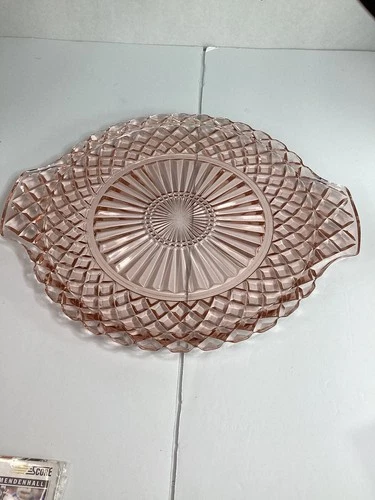 Pink Depression Glassware Plate 14" Sandwich Plate Platter With Handle Beautiful