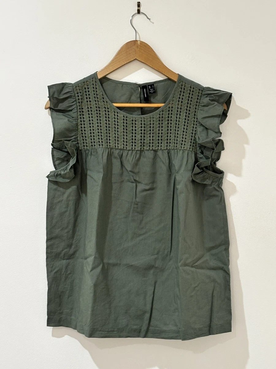 Vero green broderie eyelet lace yoke top flutter ruffle sleeve blouse size L