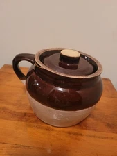 Antique Glazed Stoneware Crock with Lid, Brown/Cream Bean Pot Salt Glaze 6” USA