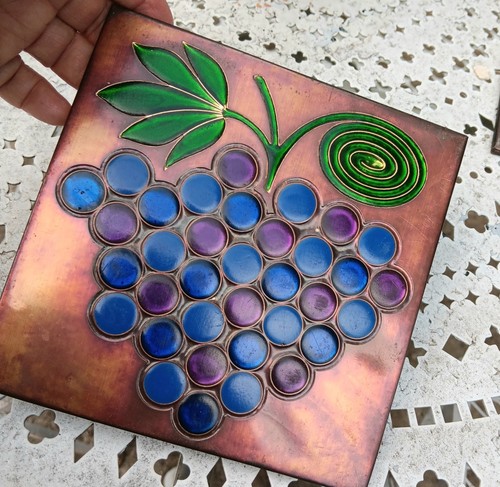 Copper Enamel Cloissonesque Colorful Grape Bouquet by Known Artist Donald Handel - Picture 5 of 11