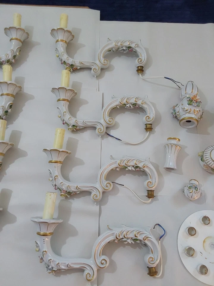 Vtg Italian Capodimonte Porcelain Floral Chandelier-White Pink & Purple Pristine - Image 3 of 4