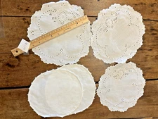 SIX (6) EYELET & DAMASK DOILIES/MATS FOR TABLE 9-3/4" ROUND, ELEGANT