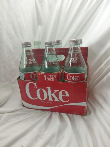 VTG  (6) SIX PACK 33.8 OZ./ 1 LITER ~GREEN COCA COLA GLASS BOTTLES W/ PAPER CART