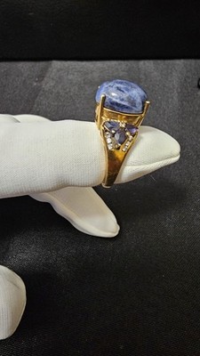 Vintage Karis Yellow Gold 925 Ring Blue Cabochon Stone Size 7 Prong 