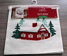 Winter Wonder Lane WINTER CABIN Trees Silver Snowflakes Table Runner 13"x72" NEW