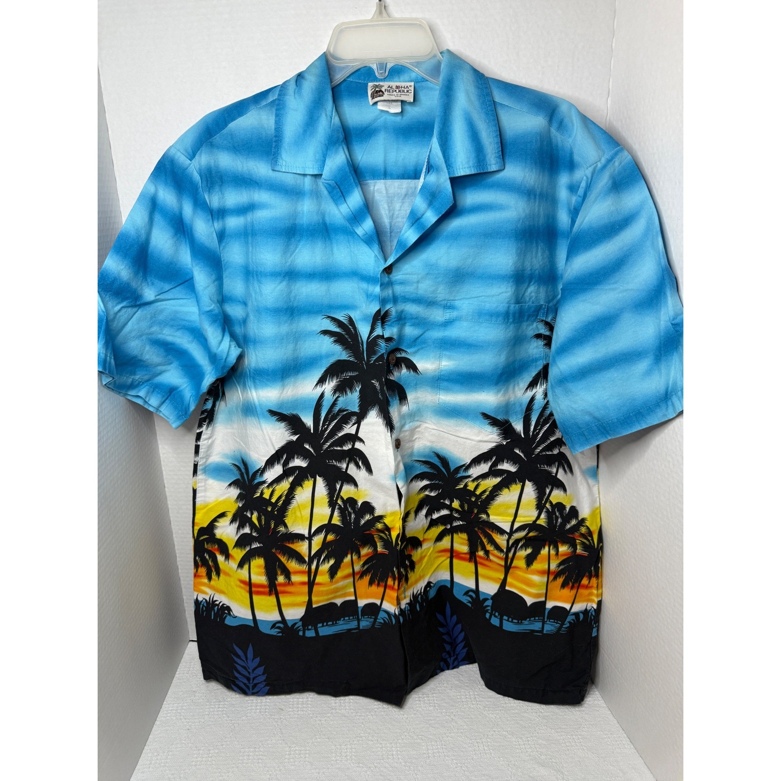Aloha Republic Hawaiian Shirt Palm Tree Sunset Blue Camp Shirt L