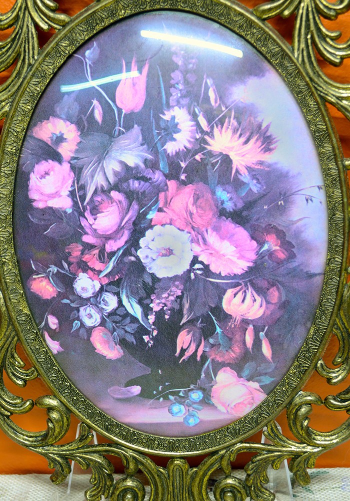 Vintage Italian Floral Print With Convex Bubble Glass Ornate Brass
