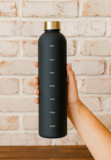 Black reusable water bottle with time markers, plastic