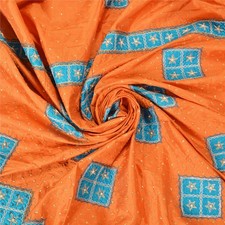 Sanskriti Vintage Orange Sarees Pure Silk Hand Beaded Zardozi Patch Sari Fabric