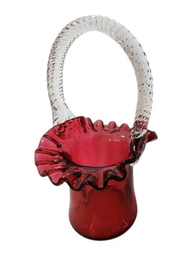 Fenton Cranberry Red Fern Design Ruffled Basket Clear Twisted Glass Handle 6.25"