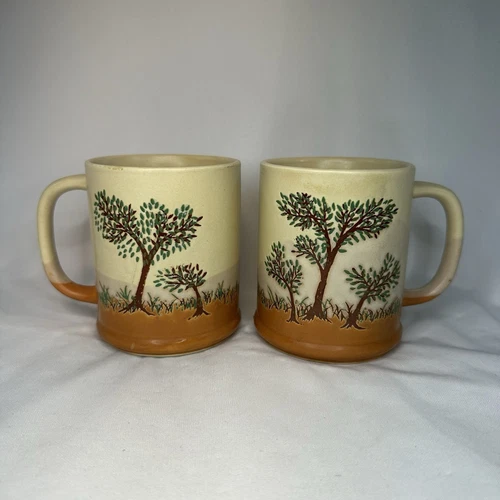 Vintage Clayhr Mind Coffee Mug Pair Hand Painted Trees Art Pottery Made in Japan