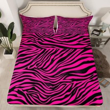 Zebra Bed Set Queen Size Animal Print Fitted for Boys Girls Decor Hot Pink Be...