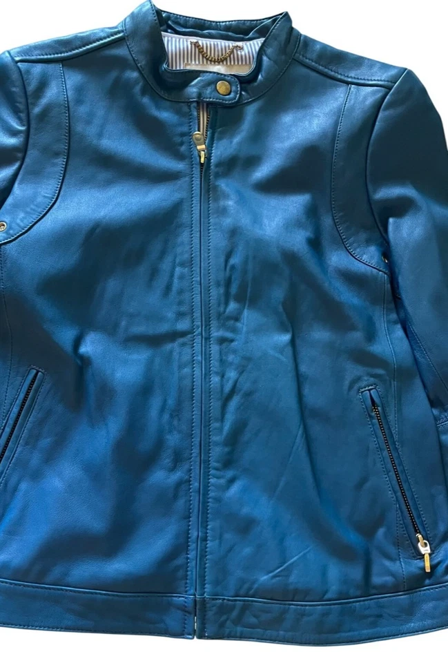 Chaqueta de Motociclista Banana Republic Azul Cuero Genuino Cremallera Dorada S Foto 2 de 4
