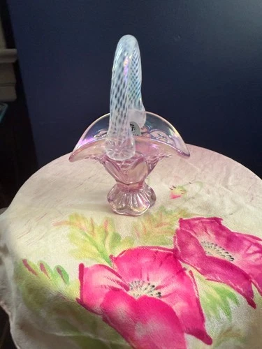 Fenton Footed Mini Glass Basket Iridescent Pink