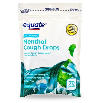 Equate Sugar Free Sore Throat & Cough Relief Menthol Drops 70 Count vs HALLS