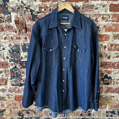 #ad Wrangler Western Shirt Pearl Snap 2XL Long Sleeve Blue Jean Denim $24.95