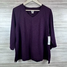 Chicos 2 US L Cotton Slub Knit Refined V Neck Top Blouse Purple Plum NEW W/tag
