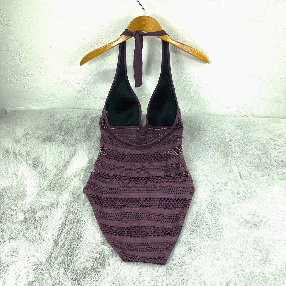 Traje de baño Bleu Rod Beattie para mujer 6 púrpura halter cuello ganchillo malla una pieza Foto 2 de 4