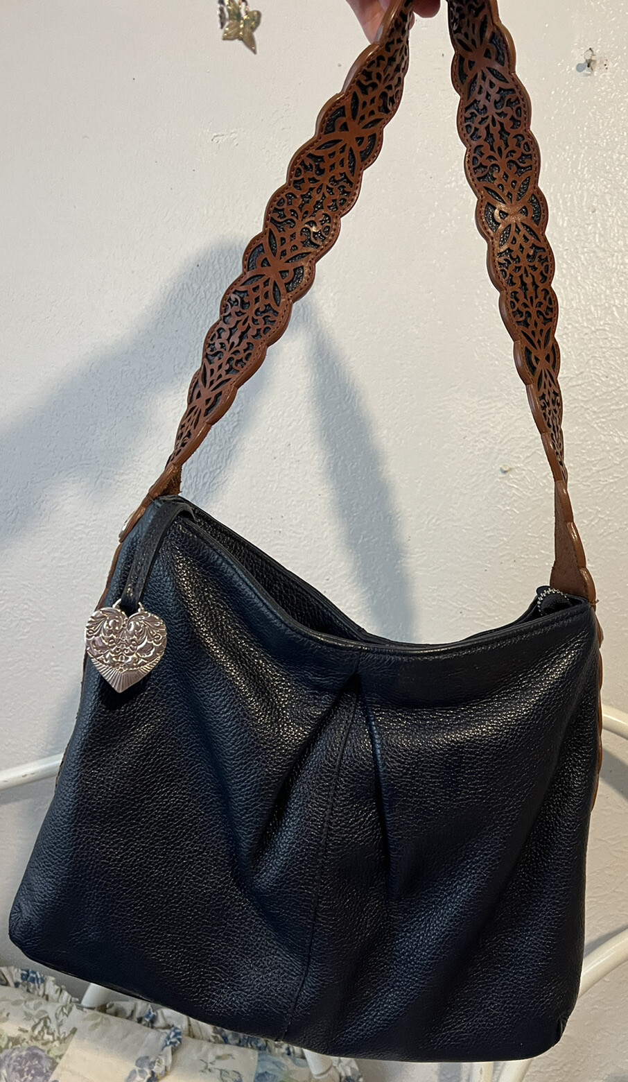 PONY Borsa a tracolla BRIGHTON GYPSY LACE blu navy + argento cuore ritagliato PIZZO MG Hobo