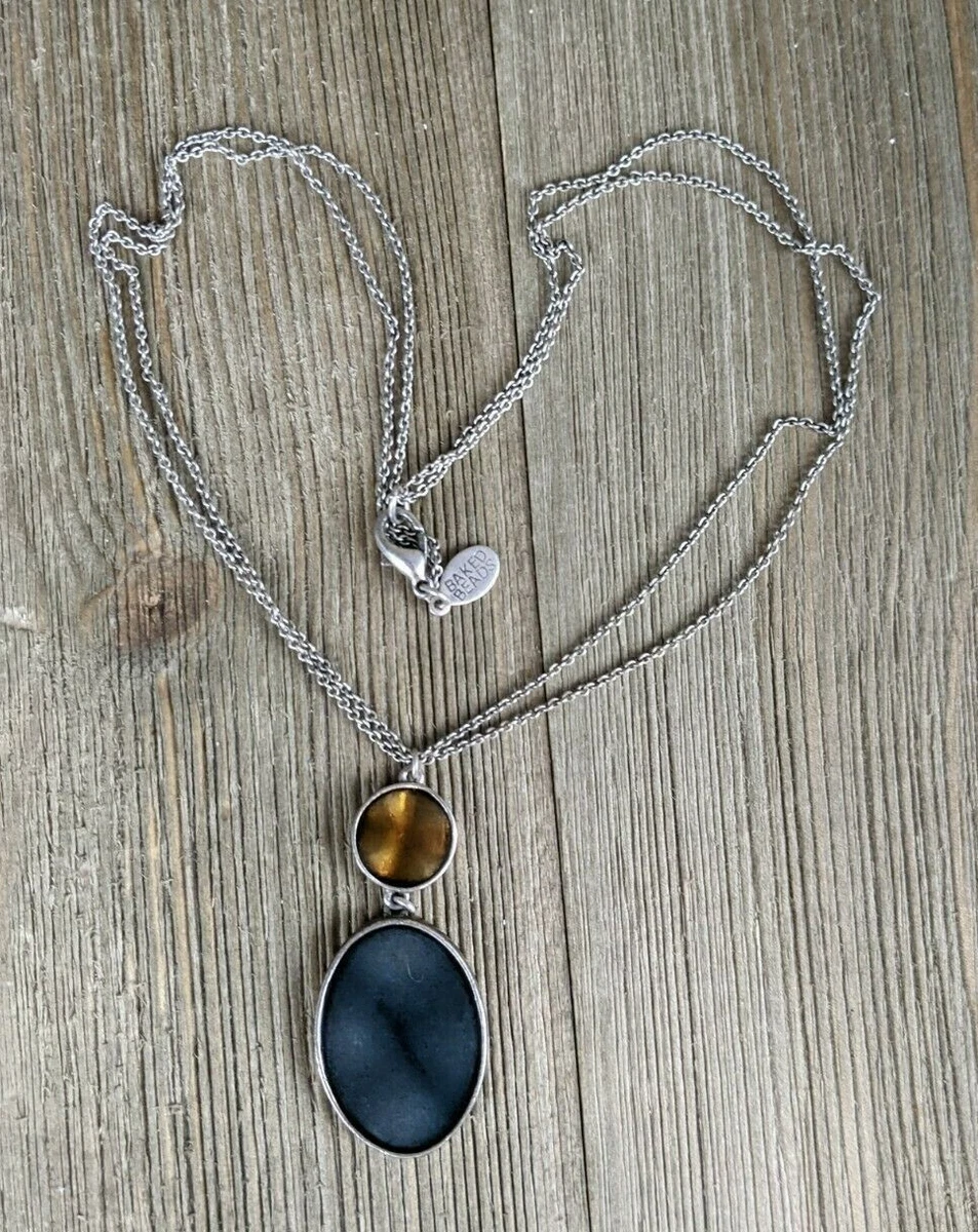 Baked Beads Silver Plated Necklace w Reversible Blue Enamel