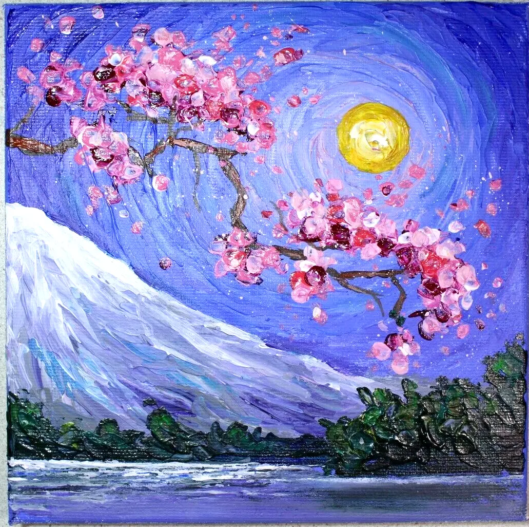 Original Acrylic Painting on Canvas Blooming Sakura Mountains Wall Decor