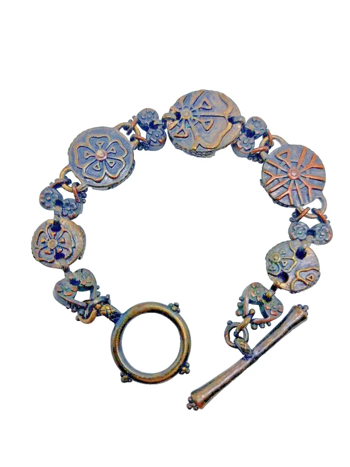 Lucky Brand Antique Copper Tone Floral Embossed Round Station Toggle Bracelet 7" - Image 2 of 4