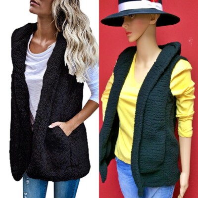 Hoodie Furry Sleeveless Open Front Vest Jacket Large Warm Women Sherpa Pockets