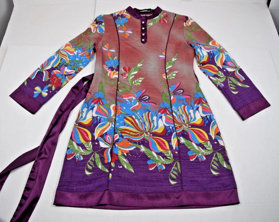 Vestido túnica de colección talla S/M años 70 precioso moda púrpura mariposa jardín caleidoscopio Foto 4 de 4