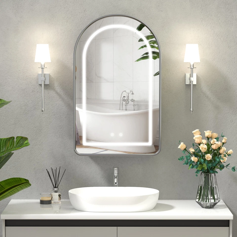 Armario con espejo de baño arqueado iluminado de 20x31 pulgadas con almacenamiento, regulable, desempañador Foto 2 de 4