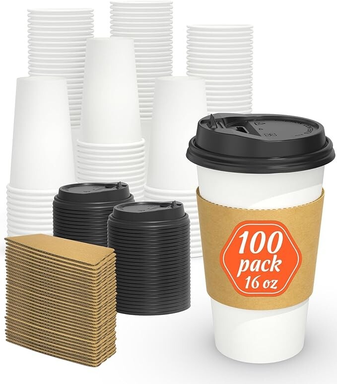 Paquete de 100 vasos de café desechables de 16 oz con tapas y fundas 