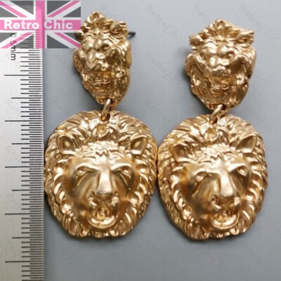 GOLD LION FACE drop EARRINGS fashion king animal head LARGE  display picture 1