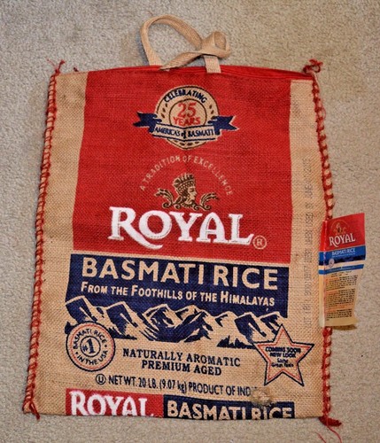 burlap sack royal basmati rice 25th anniversary tote w/ handles