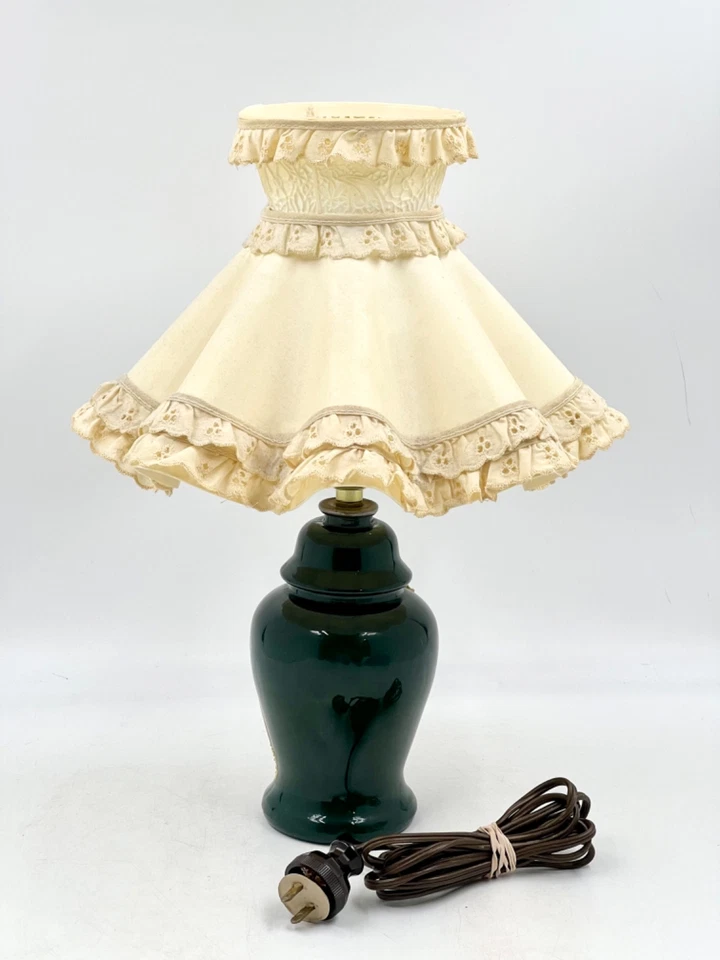 VTG Nightstand Bedside Table Lamp-Dark Green w-Grapevine Applique/Ruffle Shade - Image 4 of 4