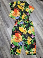 Vintage Jams World Rayon Shirt Capri Pants Set XL Floral Flora Grande Black EUC