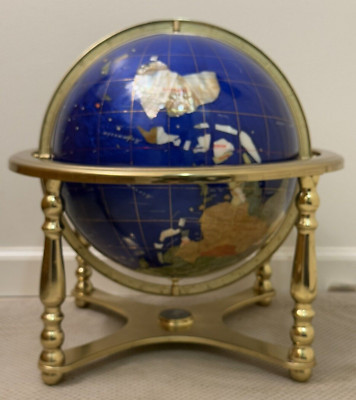 14'' Tall Blue Lapis Ocean Gemstone Globe & Tripod Gold Stand & Compass