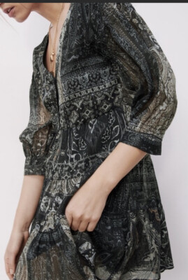 Zara Woman Paisley Rufflle Hem Glitter Vneck Long Sleeve Boho Dress Large |  eBay