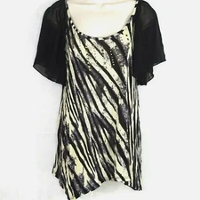 Signature Studio Knit Top Women Size M Black Cream Sheer Short Sleeve