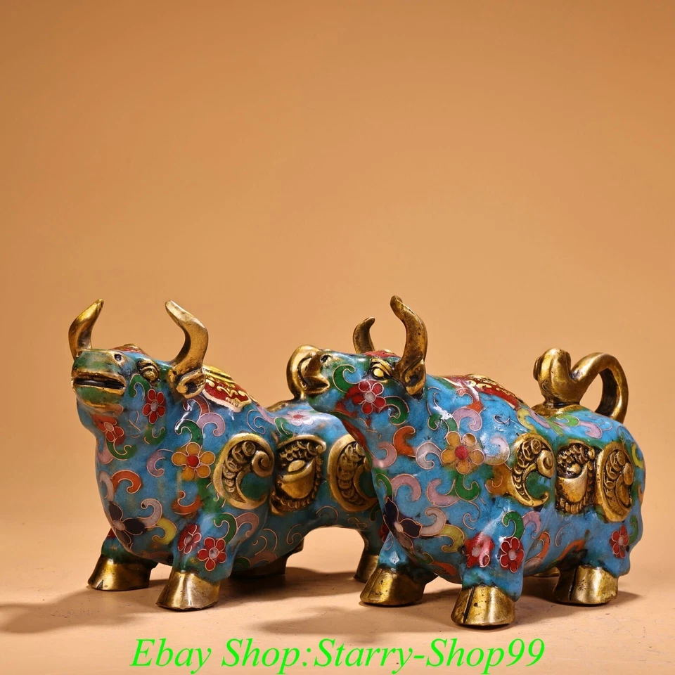 6" Antiguo China Cloisonne Bronce Dorado Fengshui Riqueza Niu Vaca Buey Animal Estatua Par Foto 3 de 4