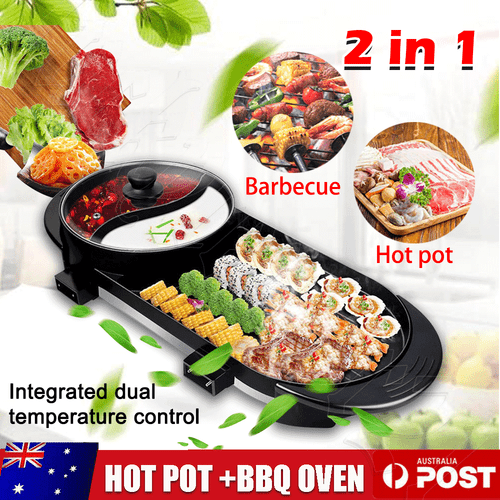 Electric 2 in 1 BBQ Grill Hot Pot Barbecue Oven Non Stick Smokeless Pan Hotpot - Picture 2 of 16