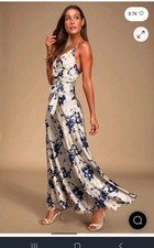 Lulus Tea Garden Satin Faix Wrap Maxi Dress Cream Floral Navy Blue Small
