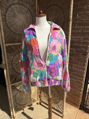 Malcolm Flowers Silk Floral Windbreaker Jacket Women's L Art To Wear Boho