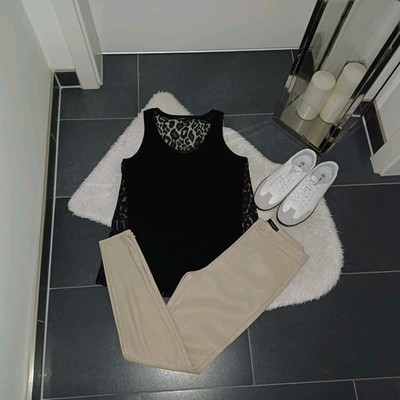Outfit Set Zara Lederhose Creme S 36 38 Highwaist Spitzenshirt Mango Schwarz Top