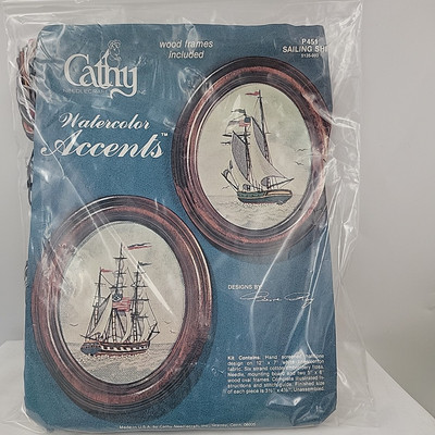 Vtg Cathy Needlecraft Watercolor Accents P451 Sailing Ships Wood Frames Included