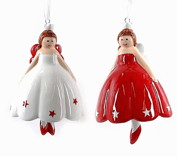 ❀ 2 X Engel Glocke Keramik HäNgedeko Rot Weiß Weihnachten Christbaumschmuck 385D-image