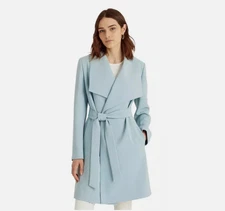Lauren Ralph Lauren Crepe Belted Wrap Coat Dusty Blue Shawl Collar