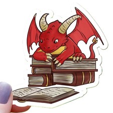 Book Reading Red Dragon Fantasy Sticker - 3" Waterproof Vinyl Decal
