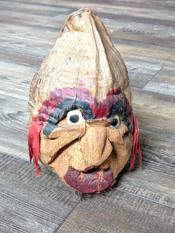 Coconut Shell Husk Hand Carved Man Wall Hanging Tribal Art Head Tiki Bar Island 