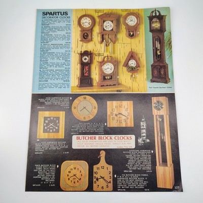 Vintage Clock Catalog Print Ad Spartus Welby Butcher Block Decorator 1977