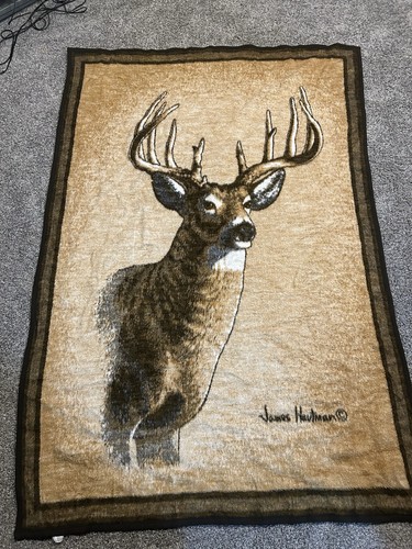 Vintage Biederlack JAMES HAUTMAN 52X75 Wende Überwurf Decke Bock Geweih Hirsch