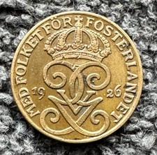 1926 Sweden 1 Ore, Gustaf V (Bronze, 2.0 g, 16 mm), VF